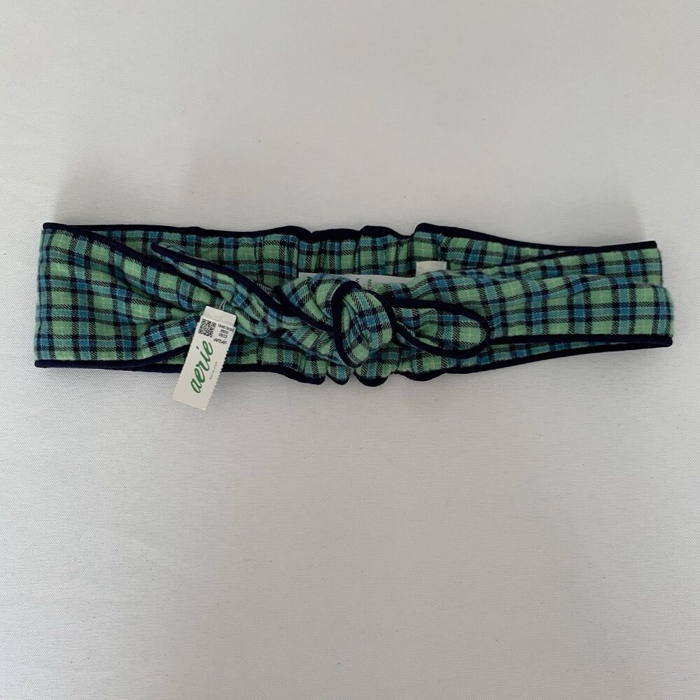 NWT Aerie Headband One Size Green Navy Blue Plaid R Top Knot Preppy Lounge‎